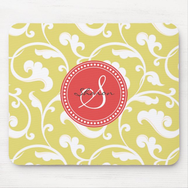 Elegant girly yellow floral pattern monogram mouse pad (Front)