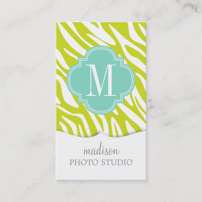 Elegant Girly Zebra Lime Turquoise Personalized Business Card (Front)