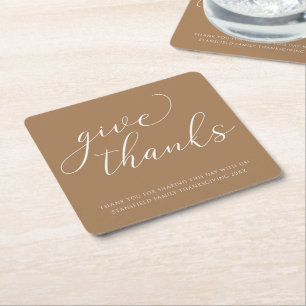 Elegant Give Thanks White Script Thanksgiving Square Paper Coaster