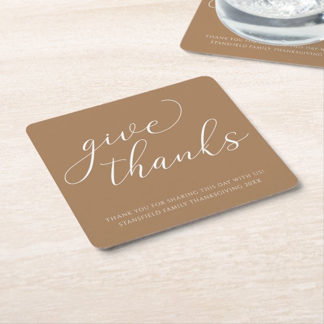 Elegant Give Thanks White Script Thanksgiving Square Paper Coaster (Angled)