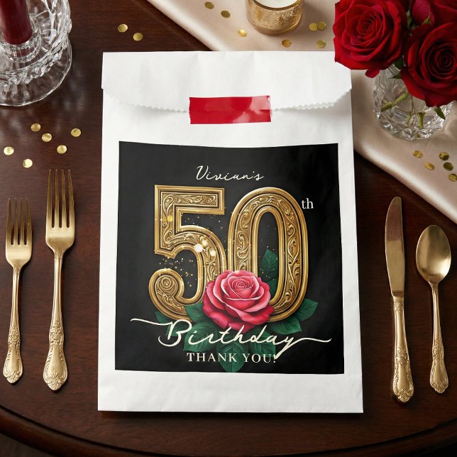 Elegant Glam Black Gold Red Rose 50th Birthday Favour Bag (Creator Uploaded)