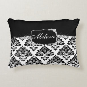 Elegant Glam Black White Damask Diamonds Accent Pillow