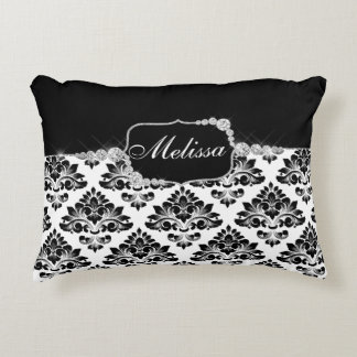 Elegant Glam Black White Damask Diamonds Accent Pillow