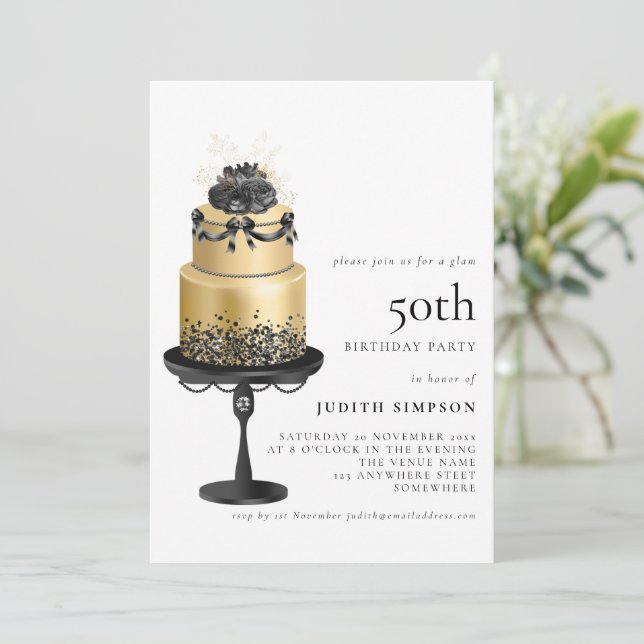 Elegant Glam Cake Florals Gold Black 50th Birthday Invitation (Standing Front)