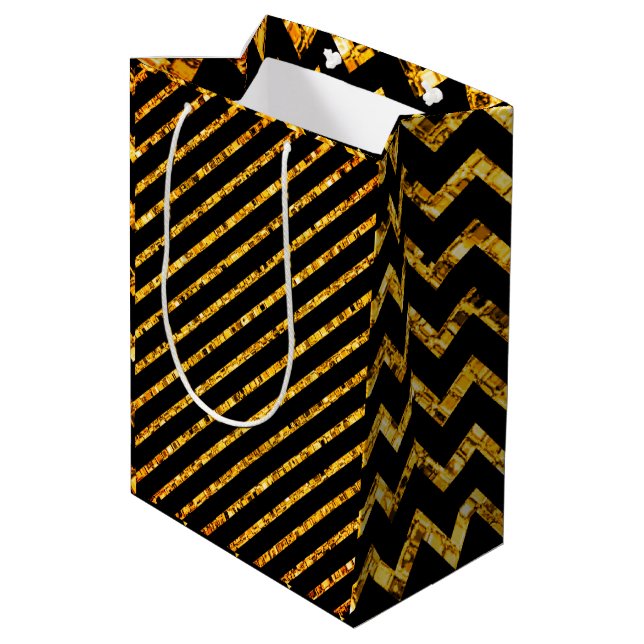 Elegant Glam Chevron Gold Black Glitter Sparkle Medium Gift Bag (Back Angled)