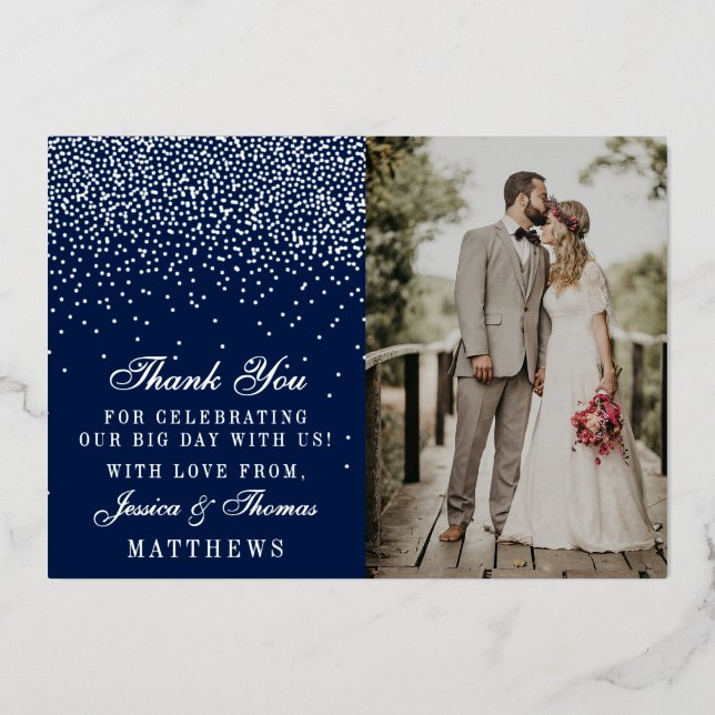 Elegant Glam Confetti Wedding Photo Thank You Real (Front)