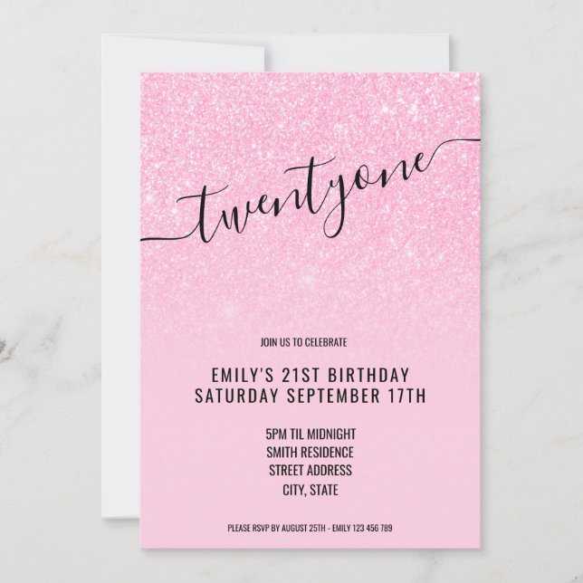 Elegant Glam Glitter Pink 21st Birthday Invitation (Front)