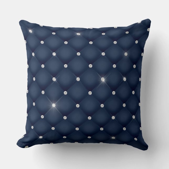 Elegant Glam Glittering Tufted Diamond Navy Blue Throw Pillow (Front)