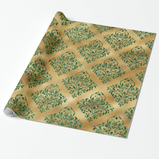 Elegant Glam Gold Green Glitter Sparkle Damask Wrapping Paper (Unrolled)