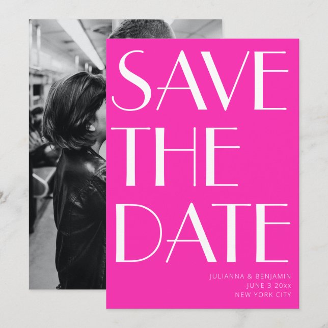 Elegant Glam Hot Pink Art Deco Photo Save The Date (Front/Back)