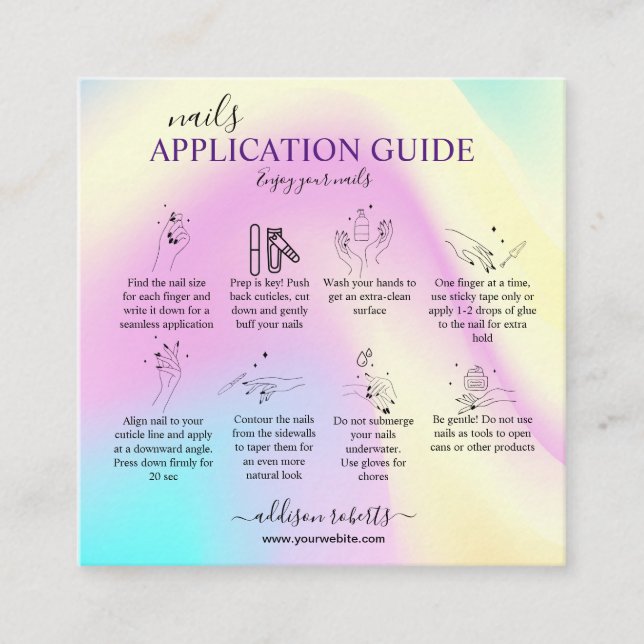 Elegant Glam Iridescent  Nail Application Guide Square Business Card (Front)