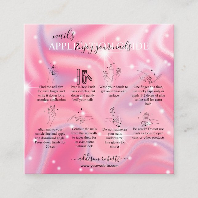 Elegant Glam Iridescent  Nail Application Guide    Square Business Card (Front)