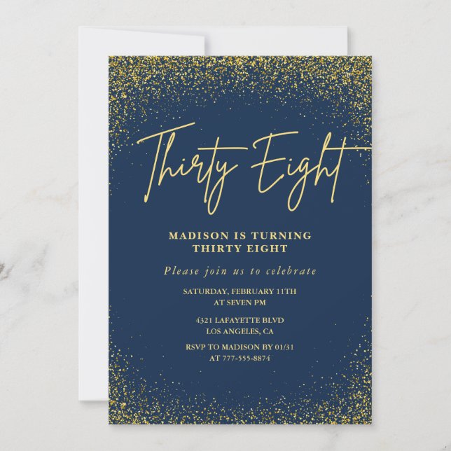 Elegant Glam Navy Gold Glitter 38th birthday Invitation (Front)