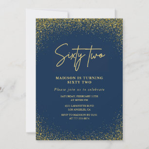 Elegant Glam Navy Gold Glitter 62nd birthday Invitation