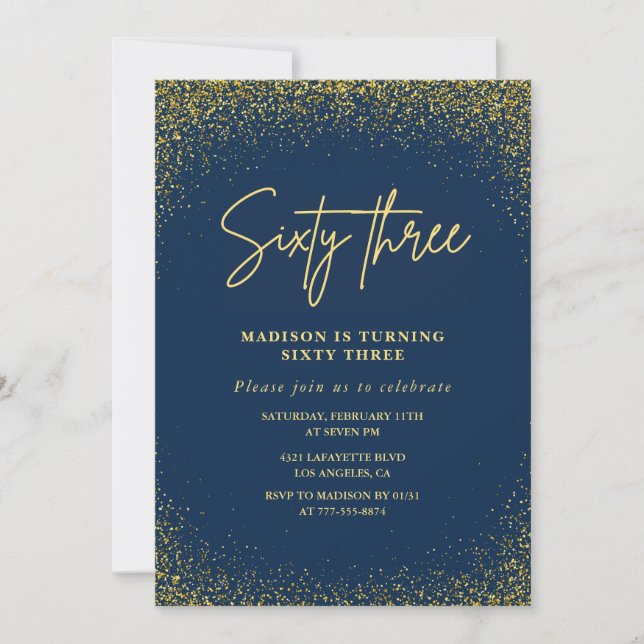 Elegant Glam Navy Gold Glitter 63rd birthday Invitation (Front)
