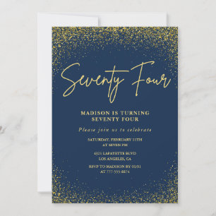 Elegant Glam Navy Gold Glitter 74th birthday Invitation