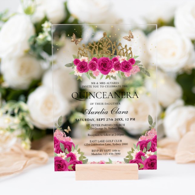 Elegant Glam Pink Floral Gold Tiara Quinceanera Acrylic Invitations (Creator Uploaded)
