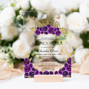 Elegant Glam Purple Floral Gold Tiara Quinceanera Acrylic Invitations