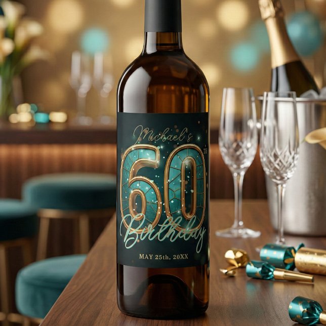 Elegant Glam Teal Gold 60th Milestone Birthday Wine Label (Creator Uploaded)