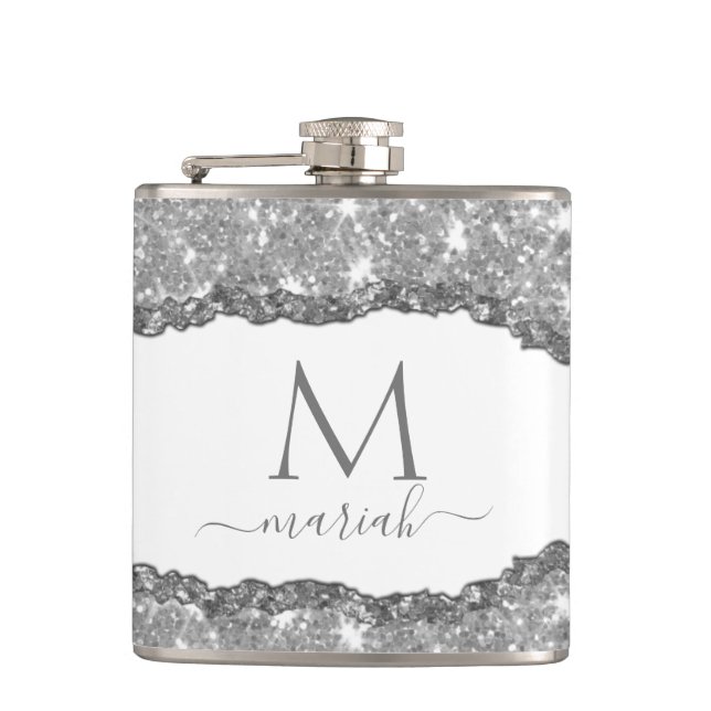Elegant Glam Torn Glitter Paper Name Monogram Hip Flask (Front)