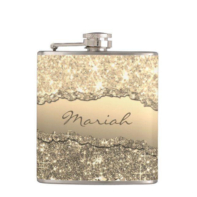 Elegant Glam Torn Glitter Paper Name Monogram Hip Flask (Front)