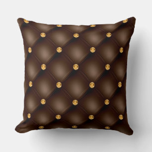 Elegant Glam Tufted Gold Diamond Chocolate Brown Throw Pillow