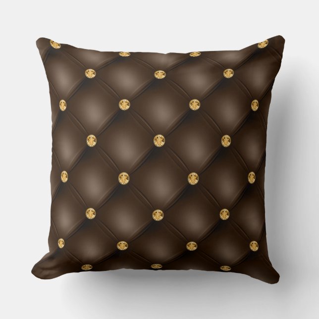 Elegant Glam Tufted Gold Diamond Chocolate Brown Throw Pillow (Front)