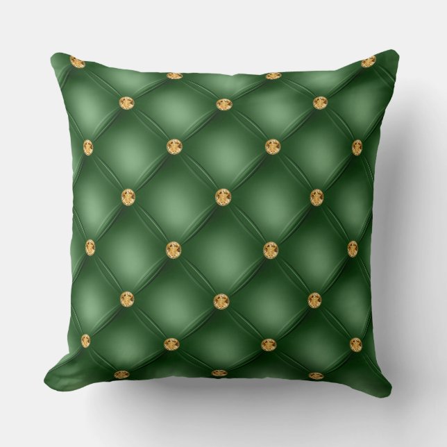 Elegant Glam Tufted Gold Diamond Emerald Green Throw Pillow (Front)