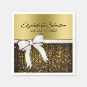Elegant Glam White Ribbon & Gold Sparkles Wedding Napkin