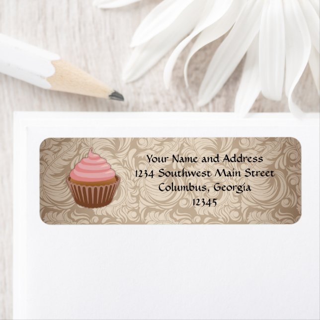 Elegant Glamour Mocha Damask Cupcake Address Label (Insitu)