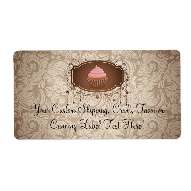 Elegant Glamour Mocha Damask Cupcake Design Label (Front)