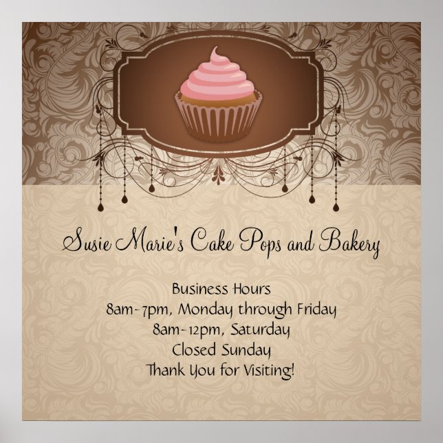 Elegant Glamour Mocha Damask Cupcake Design Sign (Front)