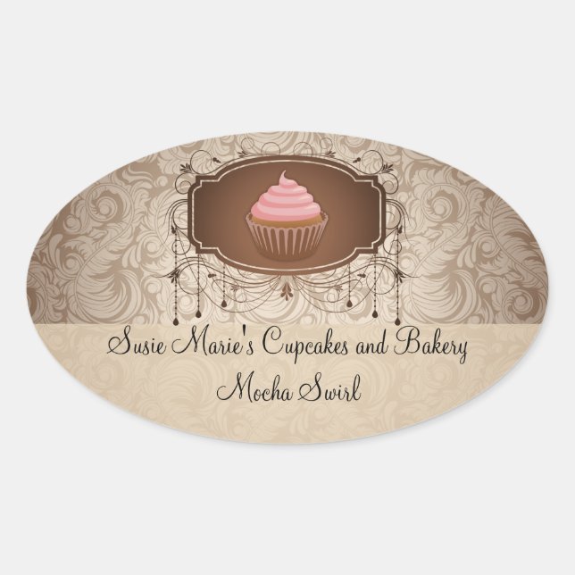 Elegant Glamour Mocha Damask Cupcake Sticker Label (Front)