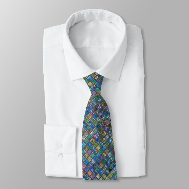 Elegant Glamourous Aqua Coloured Shiny Tiles Tie (Tied)