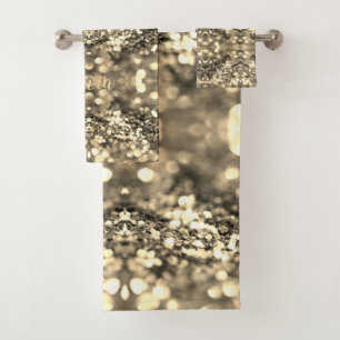 Elegant Glamourous Gold Light Pattern with Name Bath Towel Set