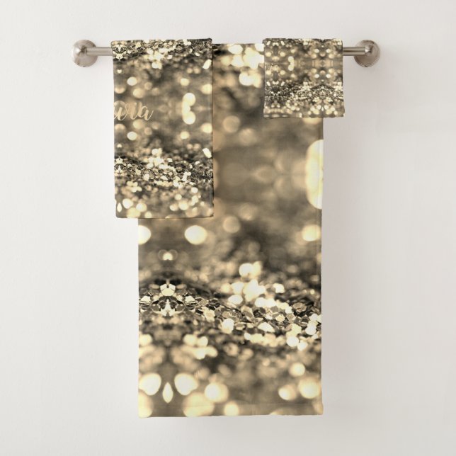 Elegant Glamourous Gold Light Pattern with Name Bath Towel Set (Insitu)