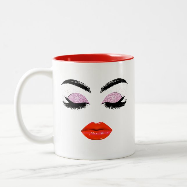 Elegant Glamourous Red Lips & Glitter Eyelashes  Two-Tone Coffee Mug (Left)