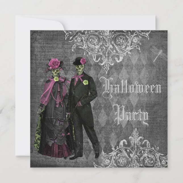 Elegant Glamourous Skeletons Halloween Party Invitation (Front)