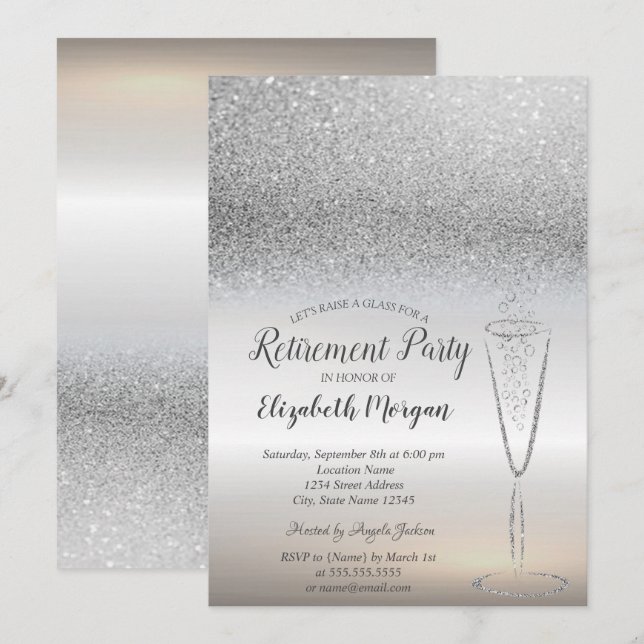 Elegant Glass Silver Glitter Bokeh Retirement Invitation (Front/Back)