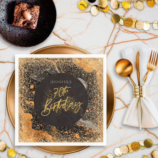 Elegant Glitter 70th Black and Gold Birthday Napkin (Creator Uploaded)