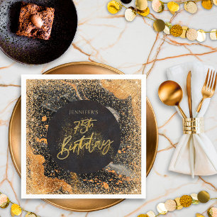 Elegant Glitter 75th Black and Gold Birthday Napkin