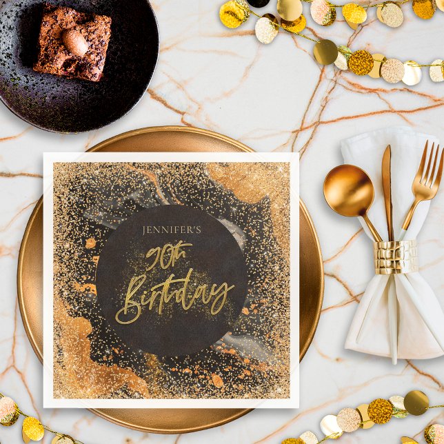 Elegant Glitter 90th Black and Gold Birthday Napkin (Creator Uploaded)