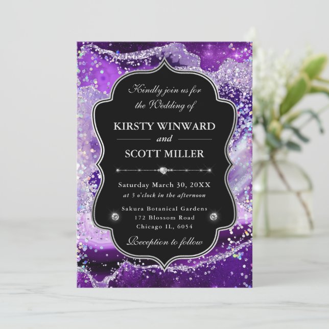 Elegant Glitter Agate Purple & Silver Wedding Invitation (Standing Front)