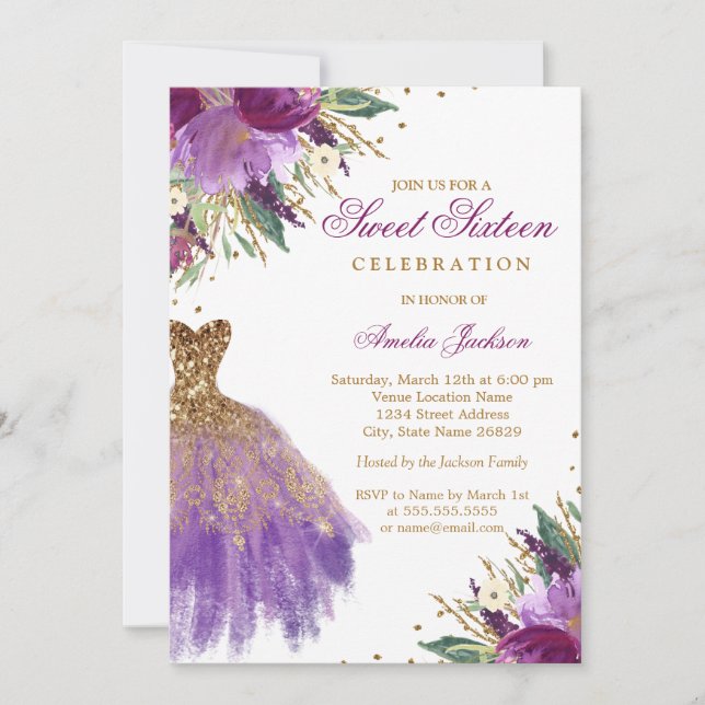 Elegant Glitter Amethyst Dress Sweet Sixteen Invitation (Front)
