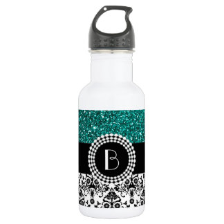 Elegant Glitter and Damask Pattern with Monogram 532 Ml Water Bottle