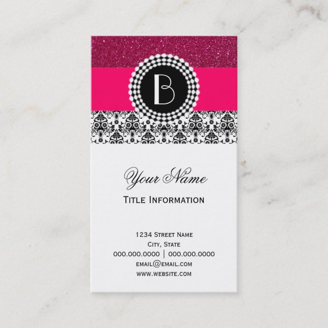 Elegant Glitter and Damask Pattern with Monogram Business Card (Front)