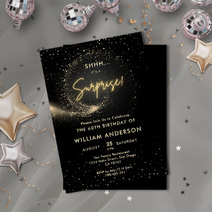 Elegant Glitter Black and Gold Surprise Party Invitation