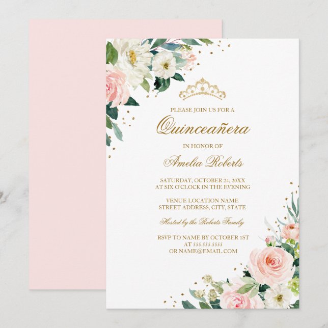 Elegant Glitter Blush Gold Floral Quinceanera Invitation (Front/Back)