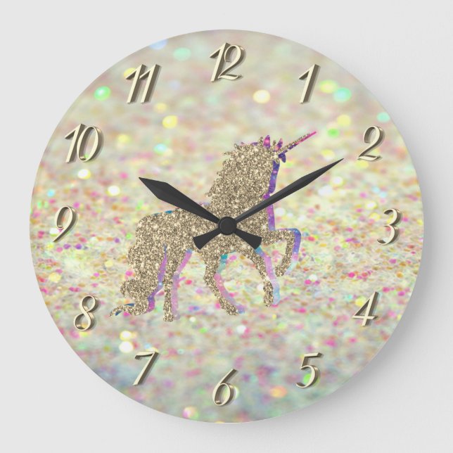 Elegant  Glitter Bokeh , Gold Glitter Unicorn Large Clock (Front)