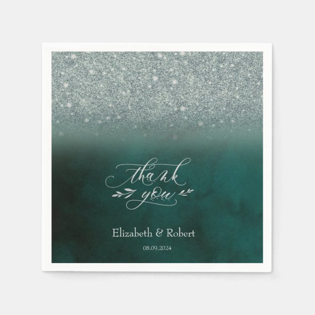 Elegant Glitter Bokeh Green Thank You Card Napkin (Front)